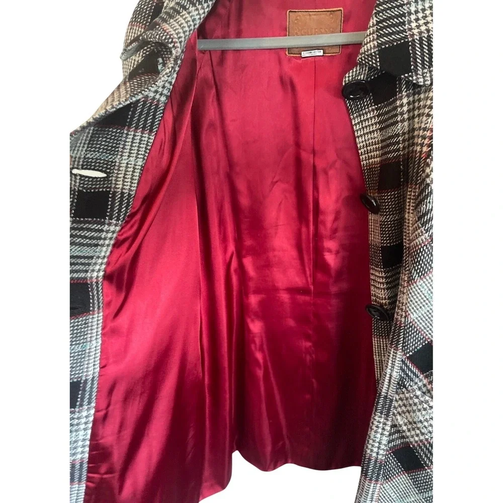 ⁠GUESS Plaid Swing Coat 3/4Sleeve Wool Blend Satin Lined Y2K Dark Academia Large